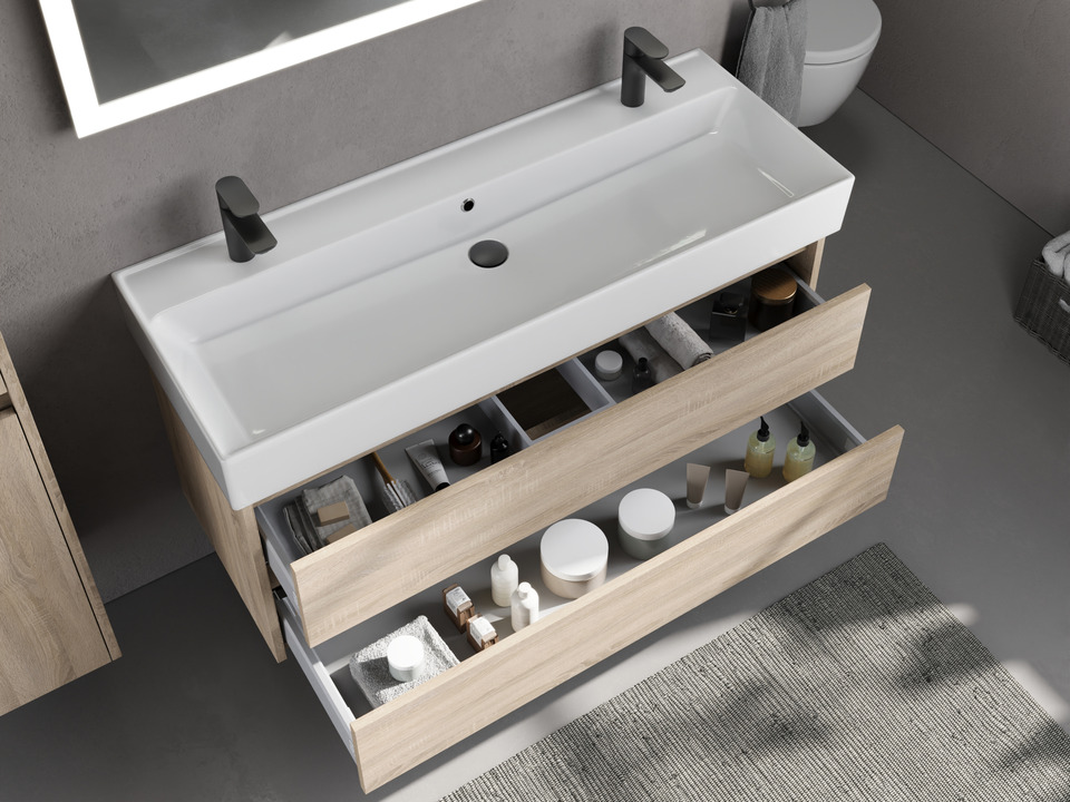 Duo Badm&ouml;bel 120, Eiche Gold, Keramik Waschbecken