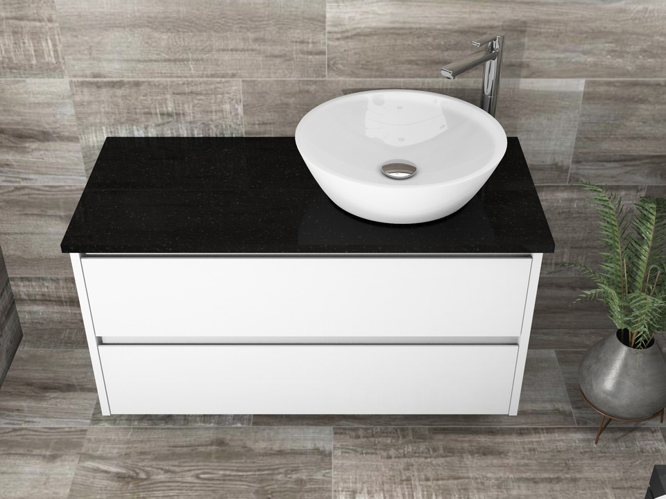 Duo Badm&ouml;bel 100, Wei&szlig; Hochglanz Lackiert, Keramik Waschbecken, Natursteinplatte