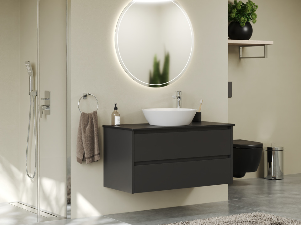 Duo Badm&ouml;bel 100, Anthrazit Matt Lackiert, Keramik Waschbecken, Natursteinplatte