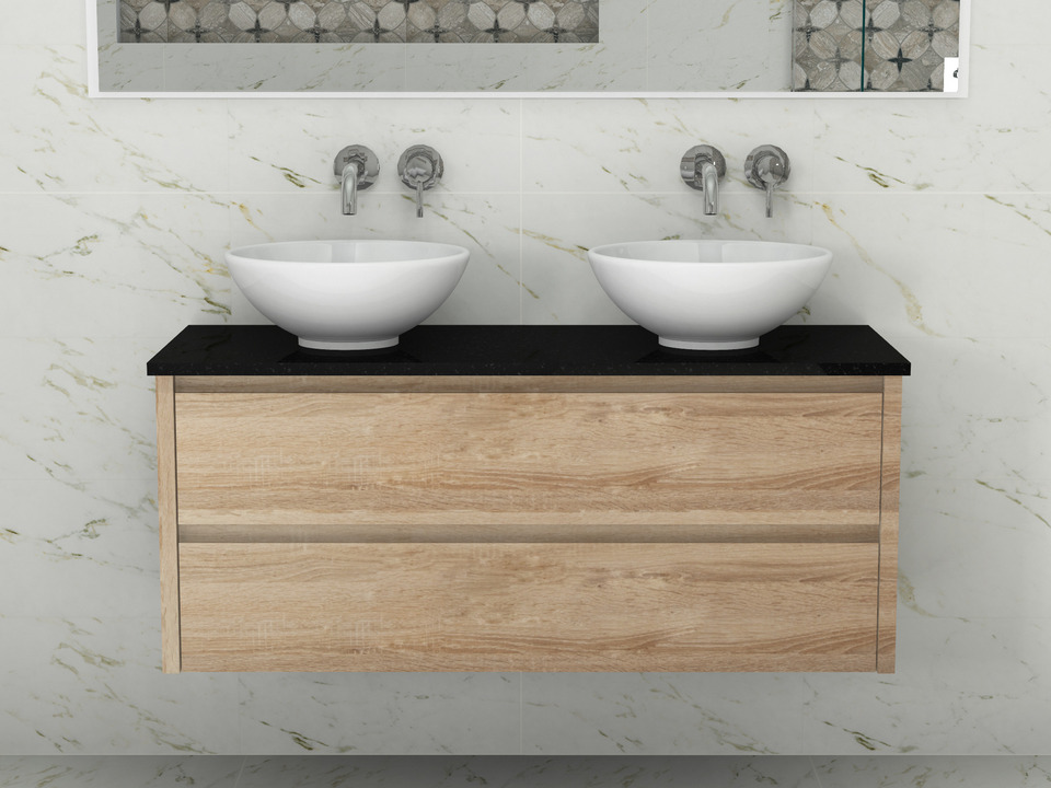 Duo Badm&ouml;bel 120, Eiche Gold, Doppelwaschtisch, Natursteinplatte