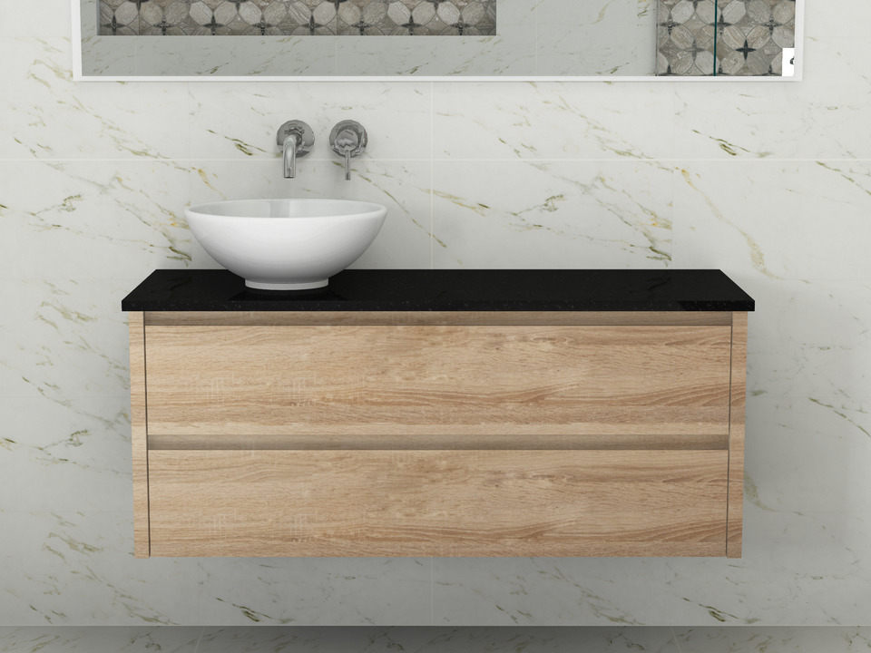 Duo Badm&ouml;bel 120, Eiche Gold, Keramik Waschbecken, Natursteinplatte