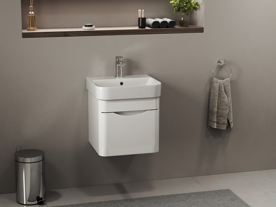 Piccolo 2.0 Badm&ouml;bel 48, Wei&szlig; Hochglanz Lackiert, Keramik Waschbecken
