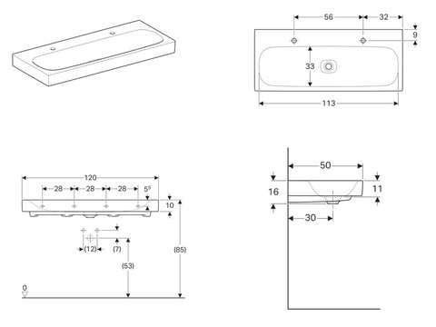 Geberit Citterio Doppel-Waschtisch 120cm 2 Hahnlöcher ohne Überlauf mit Beschichtung