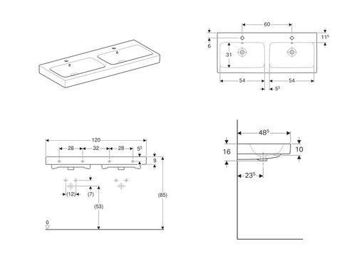 Geberit iCon Doppelwaschbecken 120cm zwei Hahnlöchern mit Überlauf und Beschichtung