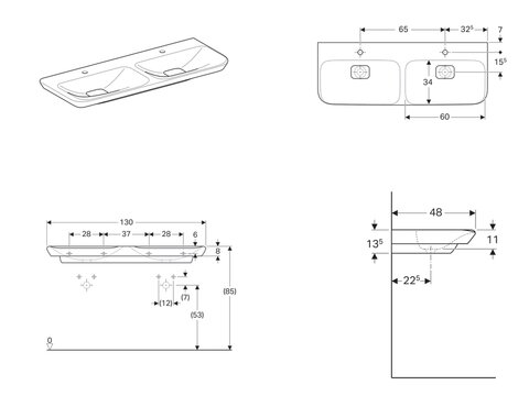 Geberit Doppelwaschtisch myDay 130cm Keramik weiß inkl. Beschichtung ohne Überlauf