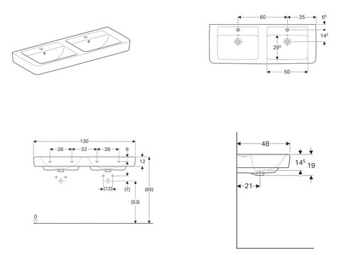 Geberit Renova Plan Doppelwaschtisch 130cm Keramik weiß mit Überlauf und Beschichtung