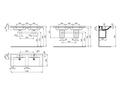 Ideal Standard Connect Doppelwaschtisch 130cm mit Beschichtung Keramik weiß mit Überlauf