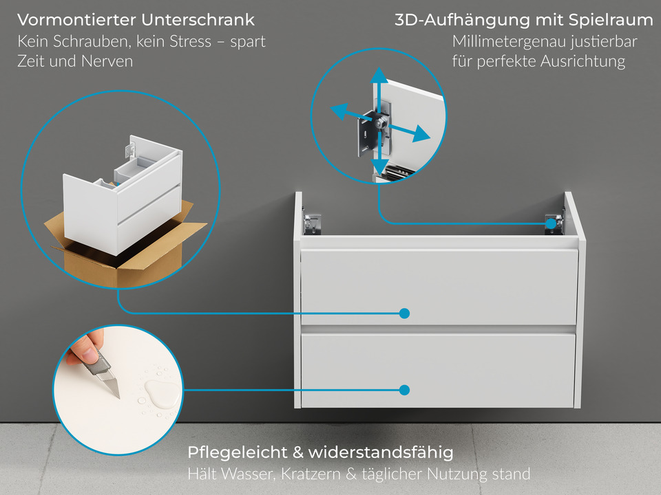 Duo Badm&ouml;bel 80, Wei&szlig; Hochglanz Lackiert, Keramik Waschbecken, Tr&auml;gerplatte