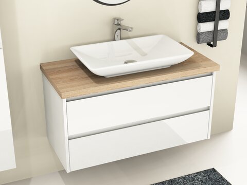 Duo Badmöbel 100, Weiß Hochglanz Lackiert, Keramik Waschbecken, Trägerplatte