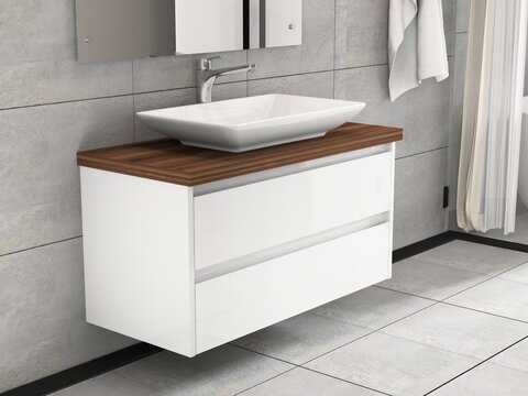 Duo Badmöbel 100, Weiß Hochglanz Lackiert, Keramik Waschbecken, Trägerplatte