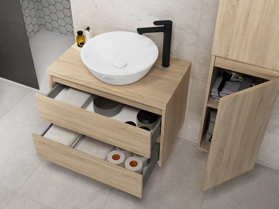 Duo Badm&ouml;bel 80, Eiche Gold, Keramik Waschbecken, Tr&auml;gerplatte