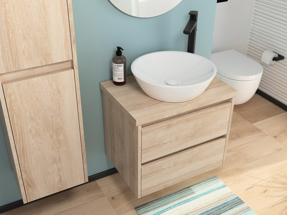 Duo Badm&ouml;bel 60, Eiche Gold, Keramik Waschbecken, Tr&auml;gerplatte