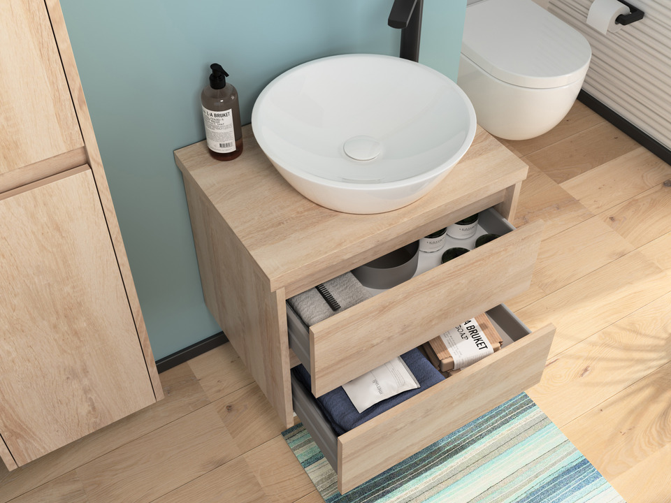 Duo Badm&ouml;bel 60, Eiche Gold, Keramik Waschbecken, Tr&auml;gerplatte