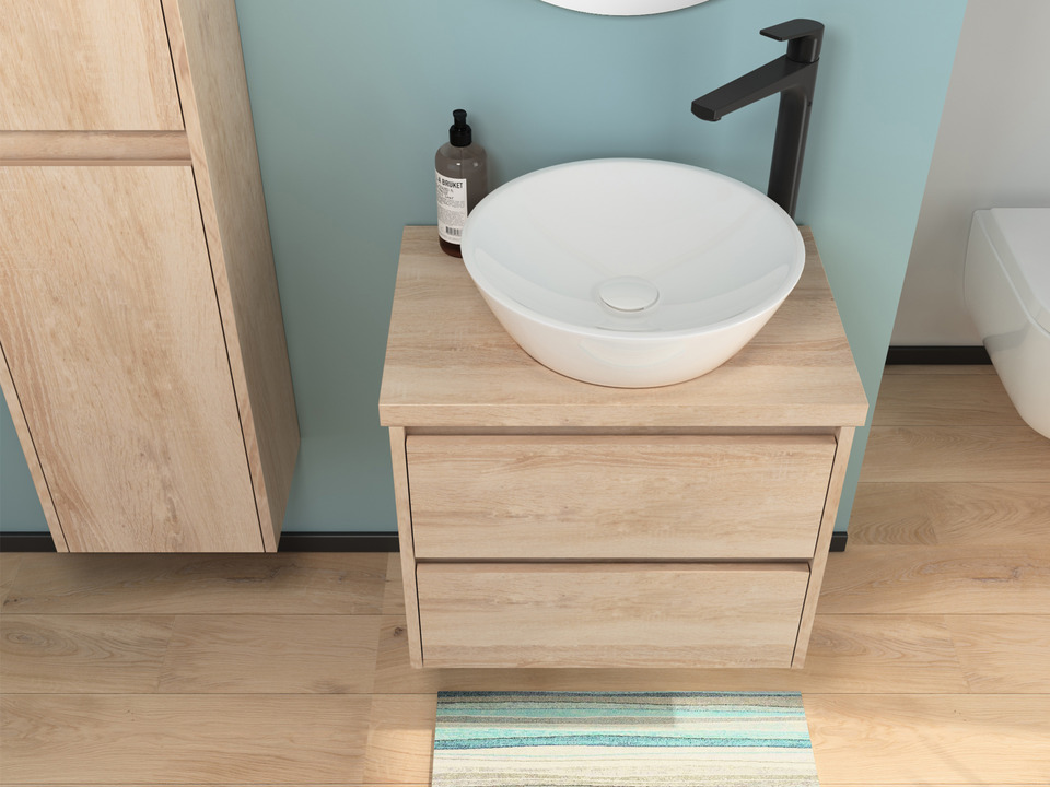 Duo Badm&ouml;bel 60, Eiche Gold, Keramik Waschbecken, Tr&auml;gerplatte