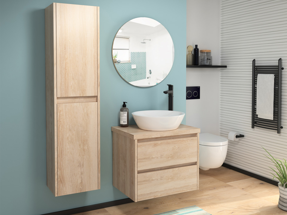 Duo Badm&ouml;bel 60, Eiche Gold, Keramik Waschbecken, Tr&auml;gerplatte