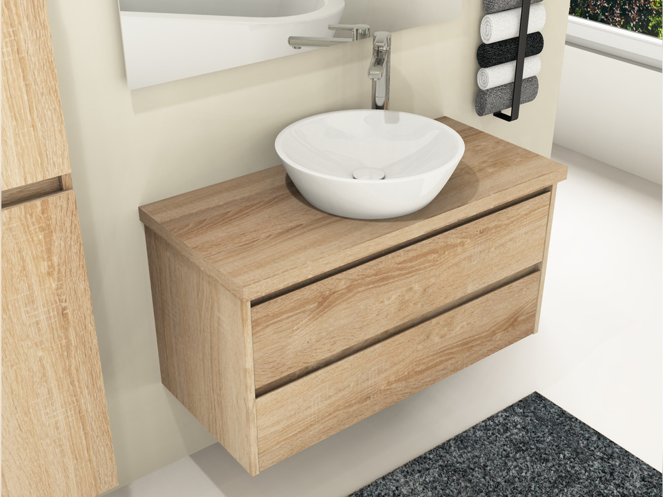 Duo Badm&ouml;bel 100, Eiche Gold, Keramik Waschbecken, Tr&auml;gerplatte
