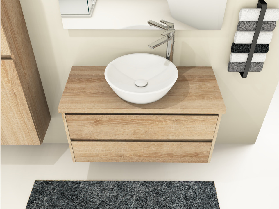 Duo Badm&ouml;bel 100, Eiche Gold, Keramik Waschbecken, Tr&auml;gerplatte