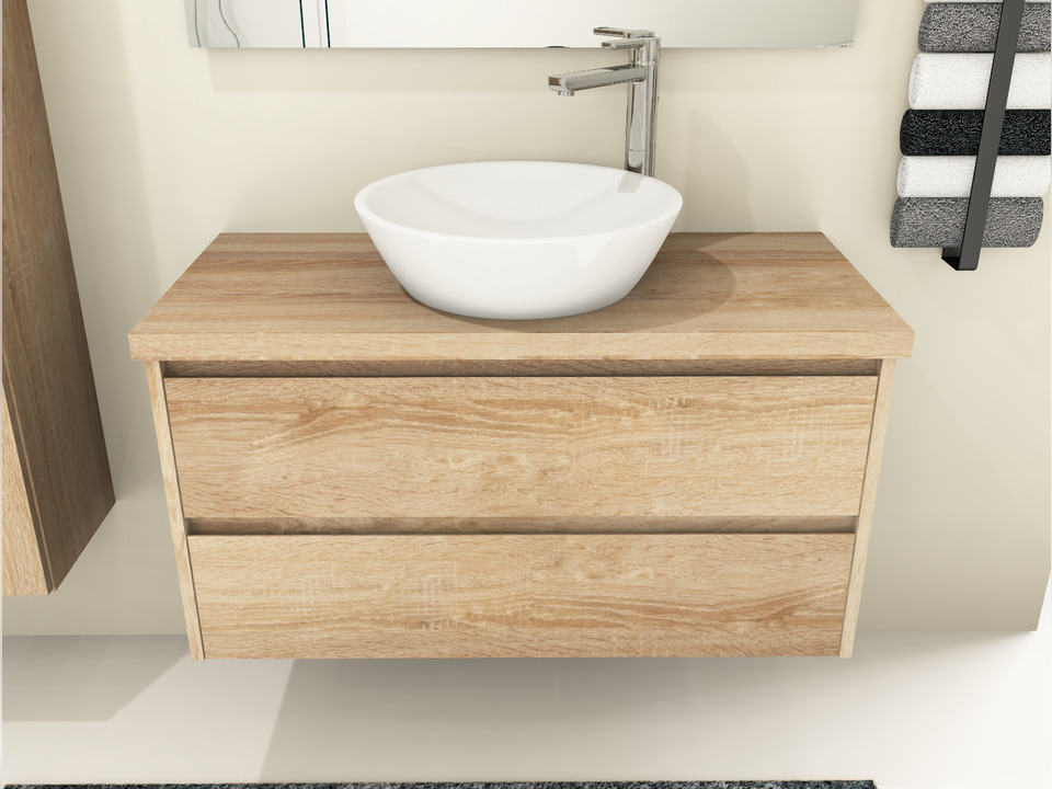 Duo Badm&ouml;bel 100, Eiche Gold, Keramik Waschbecken, Tr&auml;gerplatte