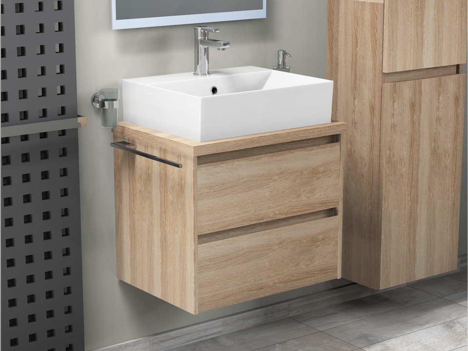Duo Badm&ouml;bel 60, Eiche Gold, Keramik Waschbecken, Tr&auml;gerplatte