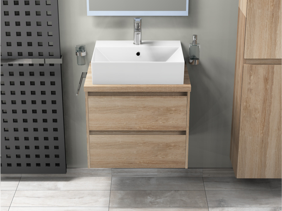 Duo Badm&ouml;bel 60, Eiche Gold, Keramik Waschbecken, Tr&auml;gerplatte