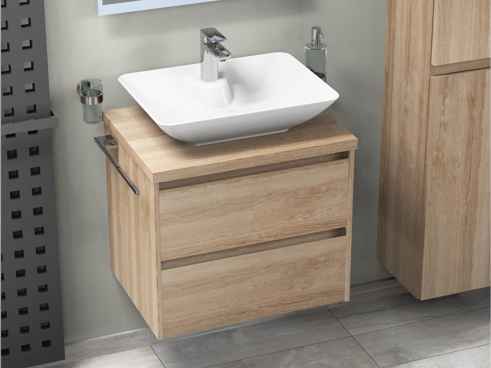 Duo Badm&ouml;bel 60, Eiche Gold, Keramik Waschbecken, Tr&auml;gerplatte