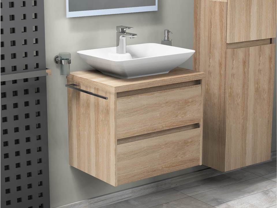 Duo Badm&ouml;bel 60, Eiche Gold, Keramik Waschbecken, Tr&auml;gerplatte