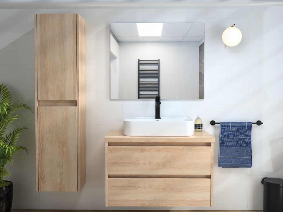 Duo Badm&ouml;bel 80, Eiche Gold, Keramik Waschbecken, Tr&auml;gerplatte