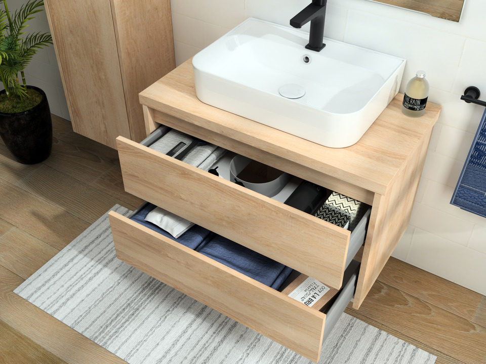 Duo Badm&ouml;bel 80, Eiche Gold, Keramik Waschbecken, Tr&auml;gerplatte