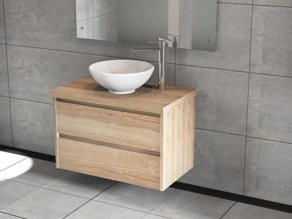 Duo Badm&ouml;bel 80, Eiche Gold, Keramik Waschbecken, Tr&auml;gerplatte
