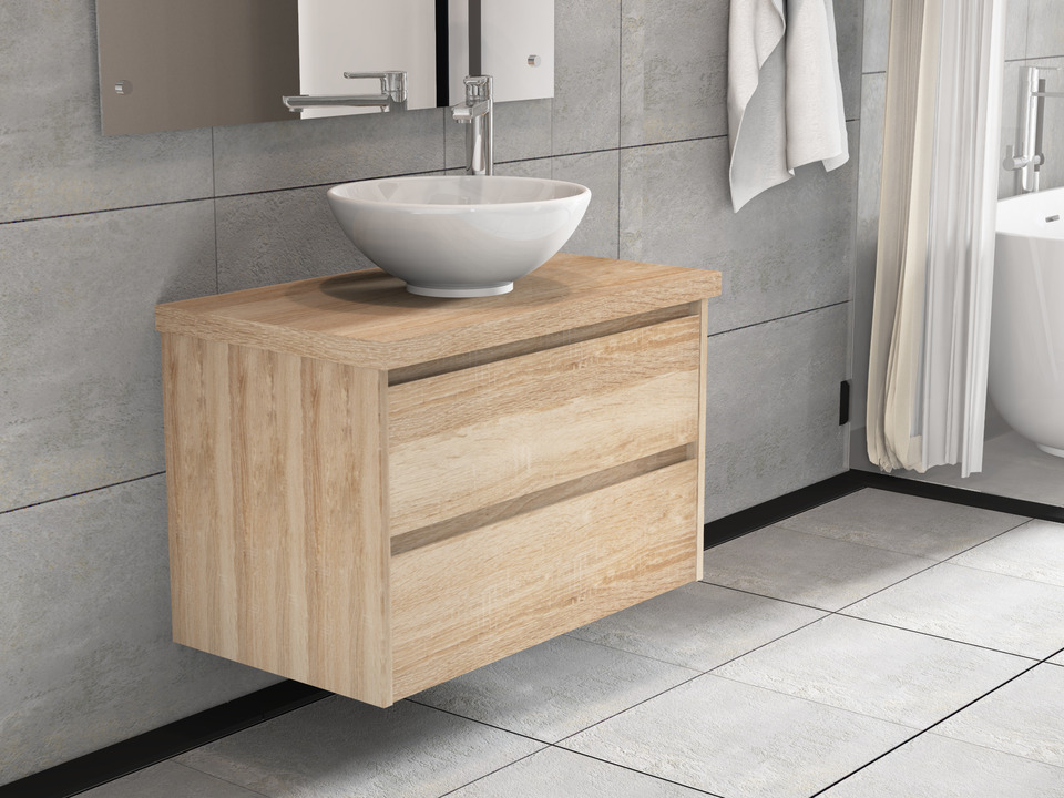 Duo Badm&ouml;bel 80, Eiche Gold, Keramik Waschbecken, Tr&auml;gerplatte