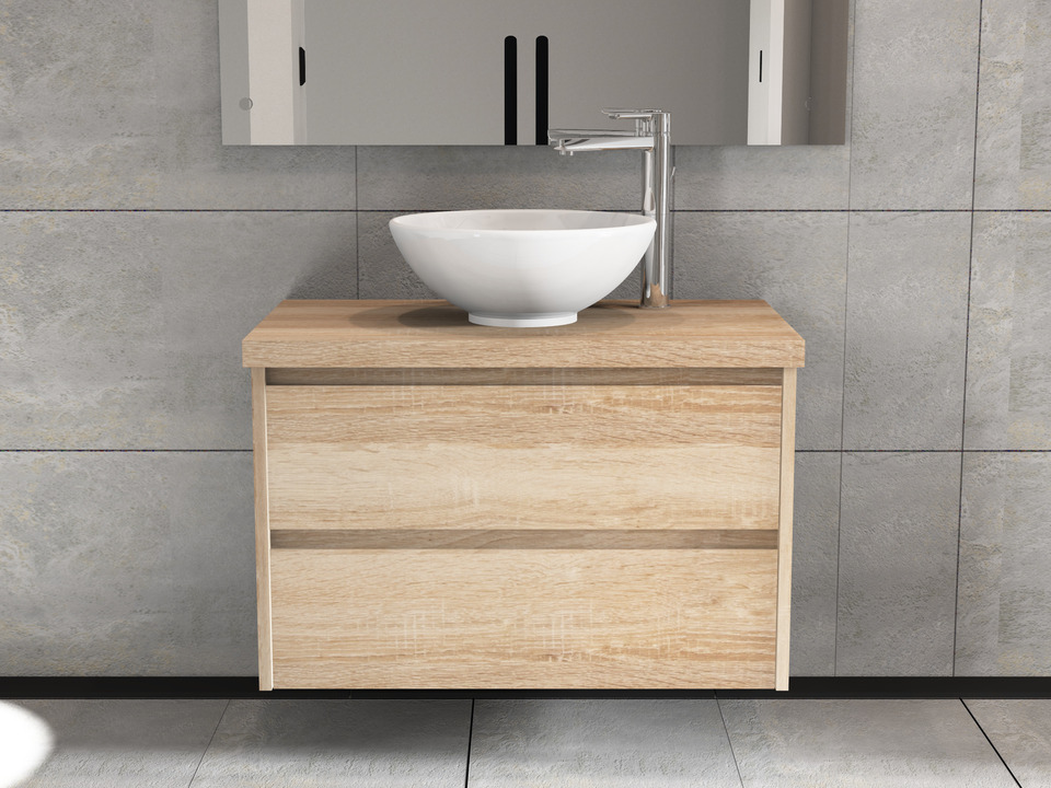Duo Badm&ouml;bel 80, Eiche Gold, Keramik Waschbecken, Tr&auml;gerplatte
