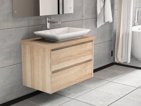 Duo Badmöbel 80, Eiche Gold, Keramik Waschbecken, Trägerplatte