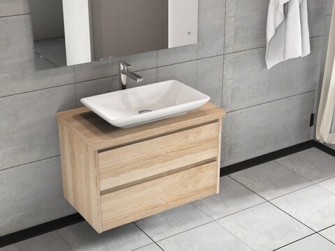 Duo Badmöbel 80, Eiche Gold, Keramik Waschbecken, Trägerplatte