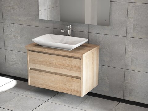 Duo Badmöbel 80, Eiche Gold, Keramik Waschbecken, Trägerplatte