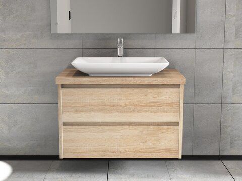 Duo Badmöbel 80, Eiche Gold, Keramik Waschbecken, Trägerplatte