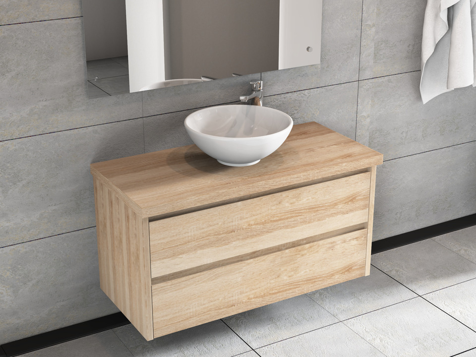 Duo Badm&ouml;bel 100, Eiche Gold, Keramik Waschbecken, Tr&auml;gerplatte