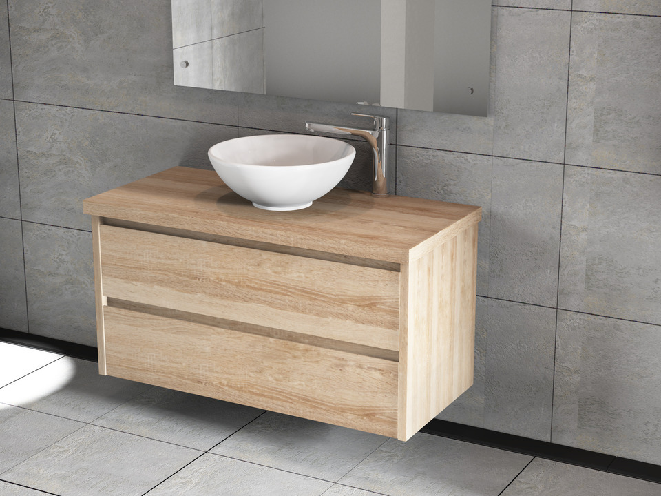 Duo Badm&ouml;bel 100, Eiche Gold, Keramik Waschbecken, Tr&auml;gerplatte
