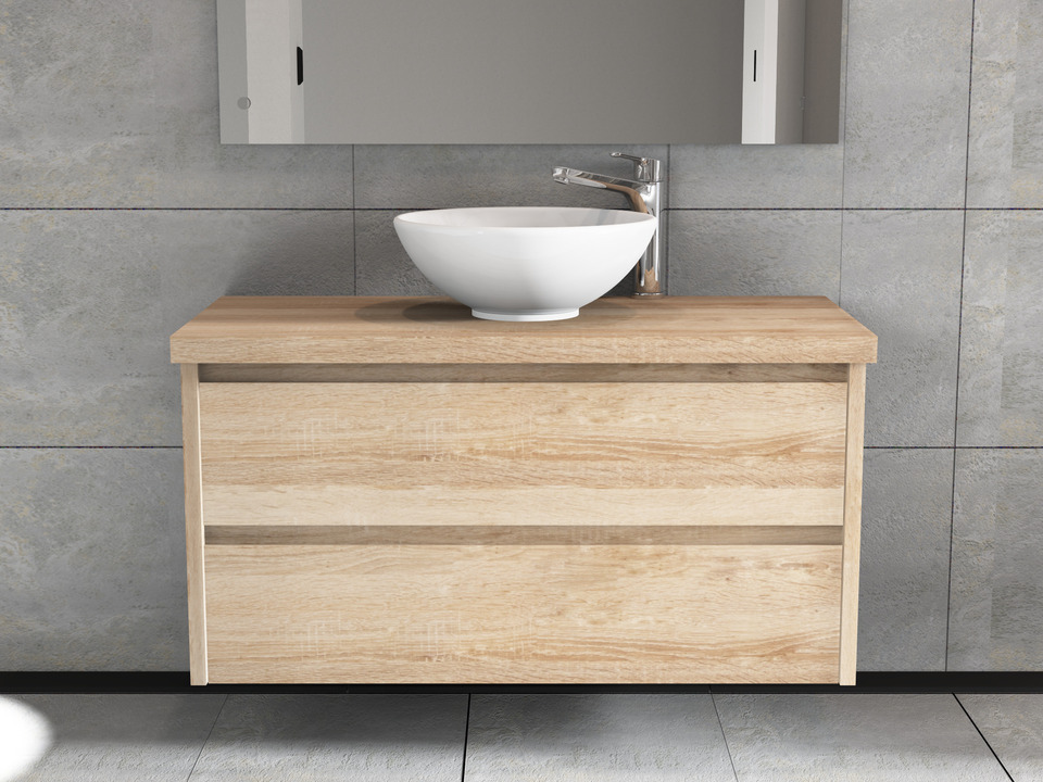 Duo Badm&ouml;bel 100, Eiche Gold, Keramik Waschbecken, Tr&auml;gerplatte