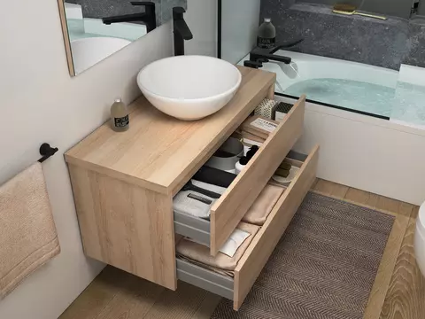 Duo Badmöbel 100, Eiche Gold, Keramik Waschbecken,...