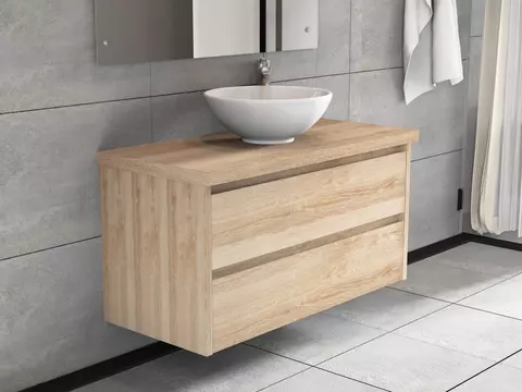 Duo Badmöbel 100, Eiche Gold, Keramik Waschbecken,...