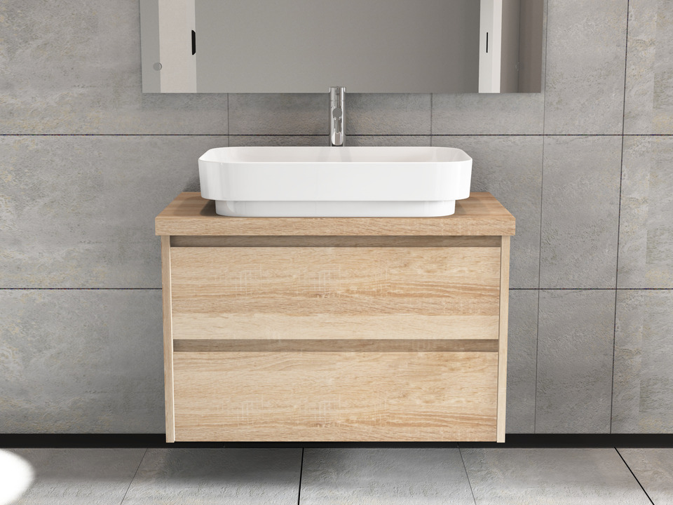 Duo Badm&ouml;bel 80, Eiche Gold, Keramik Waschbecken, Tr&auml;gerplatte