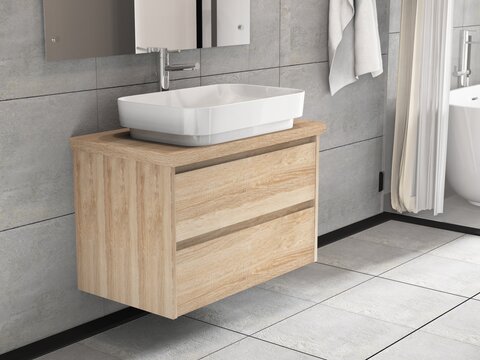 Duo Badmöbel 80, Eiche Gold, Keramik Waschbecken, Trägerplatte