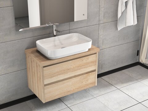Duo Badmöbel 80, Eiche Gold, Keramik Waschbecken, Trägerplatte