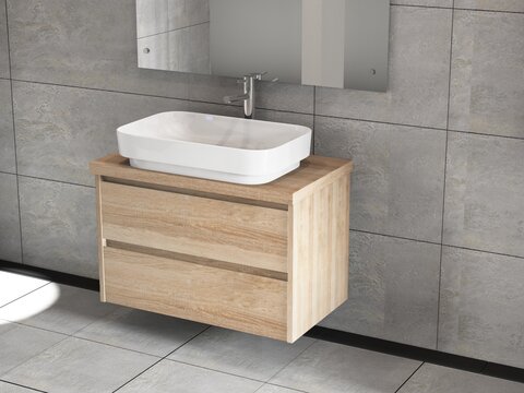 Duo Badmöbel 80, Eiche Gold, Keramik Waschbecken, Trägerplatte
