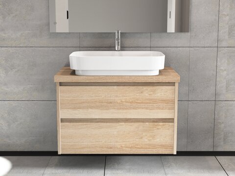 Duo Badmöbel 80, Eiche Gold, Keramik Waschbecken, Trägerplatte