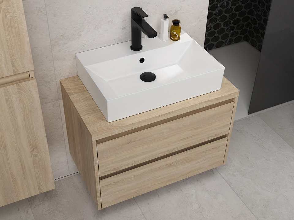 Duo Badm&ouml;bel 80, Eiche Gold, Keramik Waschbecken, Tr&auml;gerplatte
