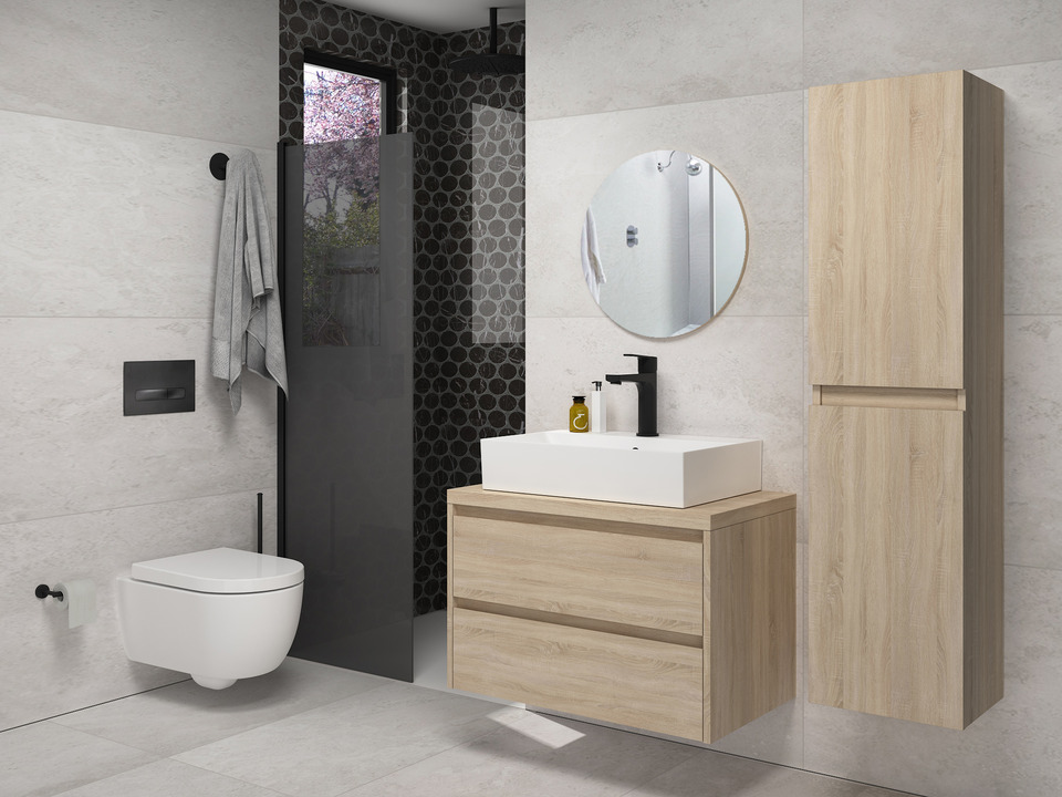 Duo Badm&ouml;bel 80, Eiche Gold, Keramik Waschbecken, Tr&auml;gerplatte