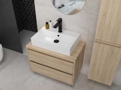 Duo Badmöbel 80, Eiche Gold, Keramik Waschbecken,...