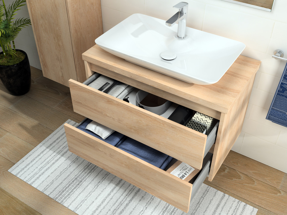 Duo Badm&ouml;bel 80, Eiche Gold, Keramik Waschbecken, Tr&auml;gerplatte