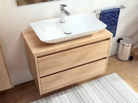 Duo Badmöbel 80, Eiche Gold, Keramik Waschbecken,...